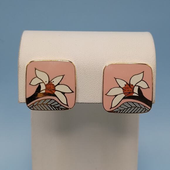 Vintage Laurel Burch Pink Enamel Wild Lily Clip Earrings - Picture 2 of 11